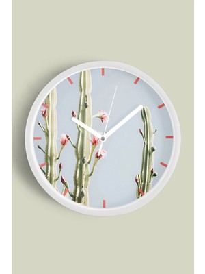 JHAAR Kaktüs Çiçek Modern Duvar Saati - 25cm - Önü Camlı Beyaz Kasa