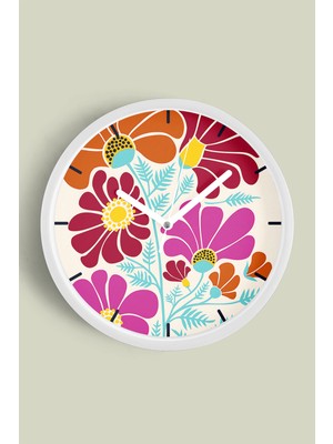 JHAAR Soyut Çiçek Temalı Modern Duvar Saati - 25cm - Önü Camlı Beyaz Kasa