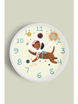 JHAAR Sevimli Astronot Köpek - Uzay Çocuk Odası Modern Duvar Saati - 25cm - Önü Camlı Beyaz Kasa