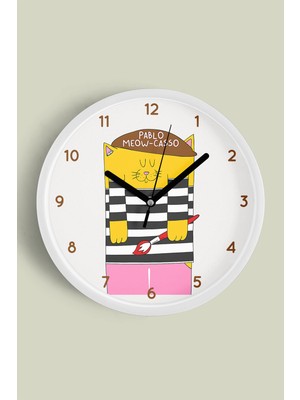 JHAAR Picasso Kedi Modern Duvar Saati - 25cm - Önü Camlı Beyaz Kasa