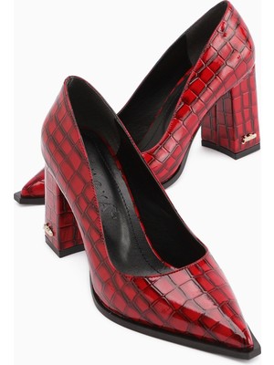 Limoya Lucy Bordo Kroko Kalın Topuklu Ayakkabı Kadın Stiletto