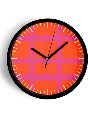 JHAAR Turuncu Pembe Kareli Modern Duvar Saati - Büyük XL 42 cm - Siyah Kasa - Camlı Sessiz