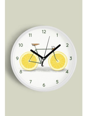 JHAAR Limon Bisikleti Modern Tasarım Mutfak Duvar Saati - 25cm - Önü Camlı Beyaz Kasa