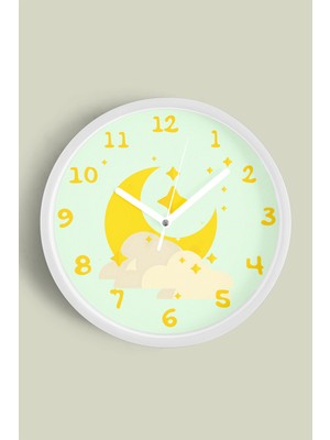 JHAAR Soyut Ay Tasarımı Çocuk Odası Duvar Saati - 25cm - Önü Camlı Beyaz Kasa