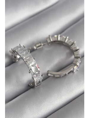 Shopwe Pirinç Gümüş Renk Zirkon Taşlı Halka Model Kadın Küpe