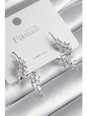 Shopwe Pirinç Gümüş Renk Zirkon Taşlı Yaprak Model Kadın Küpe