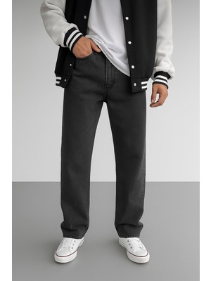 Lyvens Erkek Koyu Füme Baggy Oversize Geniş Paça Jean Kot Pantolon