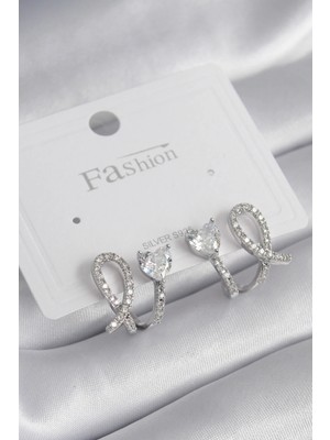 Shopwe Pirinç Gümüş Renk Kalp Model Zirkon Taşlı Kadın Küpe