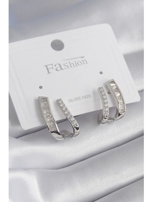 Shopwe Pirinç Gümüş Renk Zirkon Taşlı Kadın Küpe