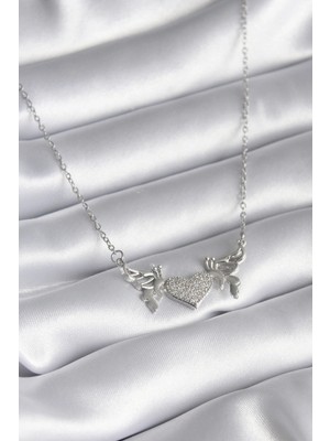 Shopwe 316L Çelik Gümüş Renk Zirkon Taşlı Kanat Kalp Model Kadın Kolye