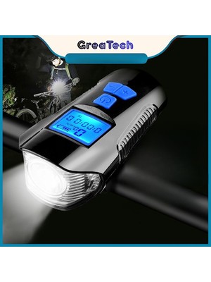 GreaTech Şarjlı  Bisiklet LCD Hız Göstergesi Su Geçirmez LED Işık Km Ekran Kronometre Bisiklet Kornası Feneri