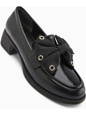 Limoya Ivet Siyah Fiyonk Detaylı Topuklu Loafer Kadın Ayakkabı