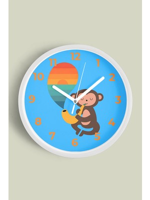 JHAAR Saksafon Çalan Maymun Çocuk Odası Duvar Saati - 25cm - Önü Camlı Beyaz Kasa
