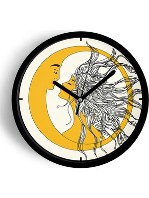 JHAAR Güneş ve Ay Aşıklar Desenli Modern Duvar Saati - 25CM - Önü Camlı Siyah Kasa - Sessiz Mekanizma