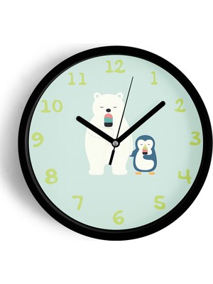 JHAAR Ayı Ile Penguen Çocuk Odası Modern Duvar Saati - 25CM - Önü Camlı Siyah Kasa - Sessiz Mekanizma