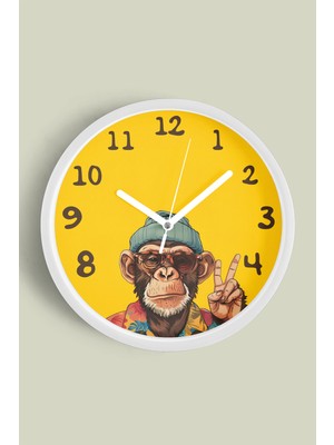 JHAAR Cool Maymun Tasarım Modern Duvar Saati - 25CM - Önü Camlı Beyaz Kasa - Sessiz Mekanizma