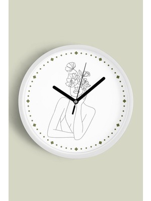 JHAAR Çiçekli Kadın Silüeti Minimalist Modern Duvar Saati - 25cm - Önü Camlı Beyaz Kasa