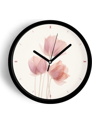 JHAAR Pastel Pembe Çiçekler Modern Duvar Saati - Büyük XL 42 cm - Siyah Kasa - Camlı Sessiz