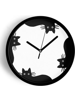 JHAAR Kedi Tasarım Modern Duvar Saati - 25CM - Önü Camlı Siyah Kasa - Sessiz Mekanizma
