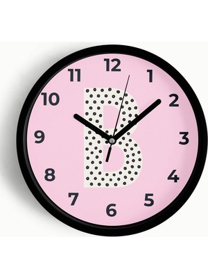 JHAAR B Harfli Pembe Çocuk Odası Modern Duvar Saati - Büyük XL 42 cm - Siyah Kasa - Camlı Sessiz