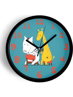 JHAAR Zebra - Zürafa  Çocuk Odası Modern Duvar Saati - 42cm - Önü Camlı Siyah Kasa