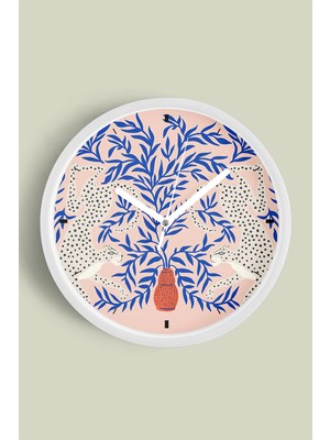 JHAAR Yapraklı Benekli Büyük Kedi Modern Duvar Saati - Orta Boyut 25 cm - Beyaz Kasa - Camlı Sessiz