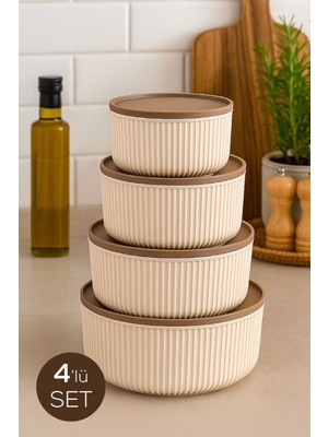 Bulut 4lü Çizgili Yuvarlak Saklama Kabı Seti Bej