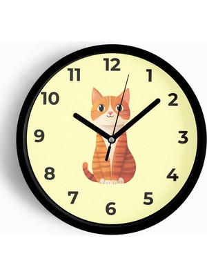 JHAAR Sevimli Kedi Çocuk Odası Duvar Saati - 25CM - Önü Camlı Siyah Kasa - Sessiz Mekanizma