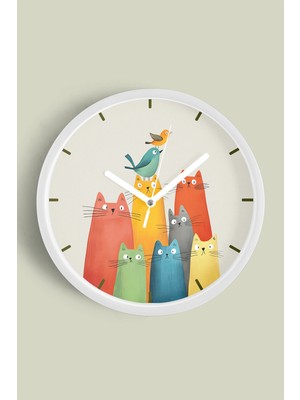 JHAAR Sevimli Kediler Modern Duvar Saati - Çocuk Odası Duvar Saati - 25CM - Önü Camlı Beyaz Kasa