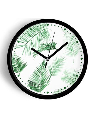 JHAAR Tropikal Yaprak Desenli Modern Duvar Saati - 25CM - Önü Camlı Siyah Kasa - Sessiz Mekanizma