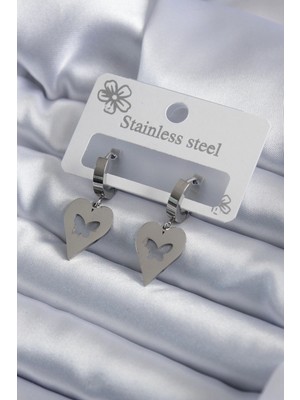 Shopwe 316L Çelik Gümüş Renk Kalp Model Kelebek Işleme Kadın Küpe