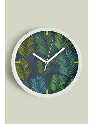JHAAR Tropikal Yaprak Desenli Modern Duvar Saati - 25cm - Önü Camlı Beyaz Kasa