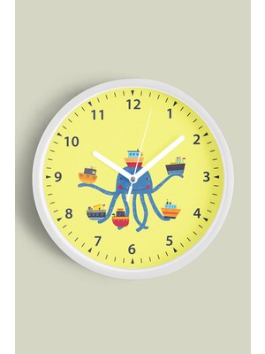 JHAAR Gemileri Tutan Ahtapot Çocuk Odası Duvar Saati - 25CM - Önü Camlı Beyaz Kasa - Sessiz Mekanizma