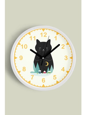JHAAR Sevimli Kedi Temalı Modern Duvar Saati - 25cm - Önü Camlı Beyaz Kasa