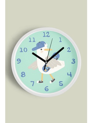 JHAAR Kaykay Yapan Sevimli Martı Çocuk Odası Duvar Saati - 25cm - Önü Camlı Beyaz Kasa