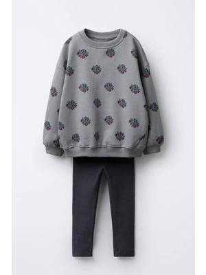 Monila Kız Çocuk Çiçek Baskılı 3 Iplik Pamuklu Kumaş Alt Üst Takım