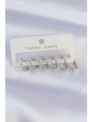 Shopwe Pirinç Gümüş Renk Ince Oval Küpe Seti