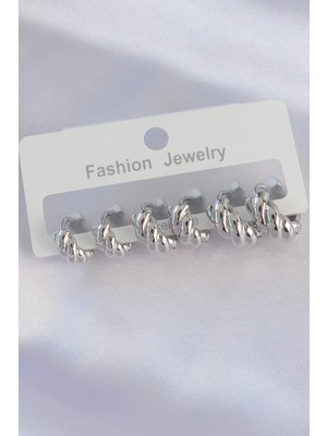 Shopwe Pirinç Gümüş Renk Minimal Tırtıklı Küpe Seti