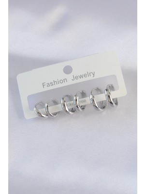 Shopwe Pirinç Gümüş Renk Oval Bombeli Küpe Seti