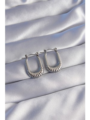 Shopwe 316L Çelik Gümüş Renk Dikdörtgen Tasarımlı Tırtıklı Küpe