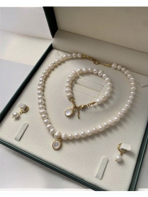 Taşmir Sertifikalı Doğal Beyaz Inci Kolye Bileklik Küpe Set - Altın Kaplama Aparat - Sedef Charm