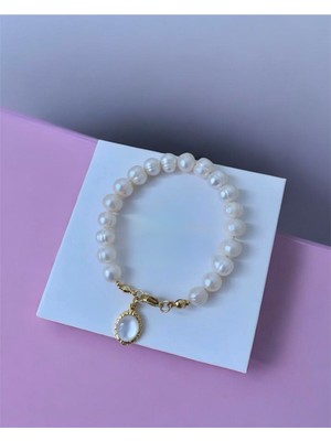 Taşmir Sertifikalı Gerçek Doğal Beyaz Inci Kadın Bileklik Çelik Bağlantı Aparatlı Altın Kaplama Sedef Charm 20 cm