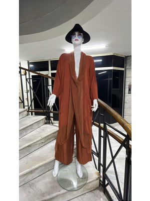 Bohem Stil Italyan Ipek Detaylı Oversize Kap Bluz- Wes Pantolon Takım