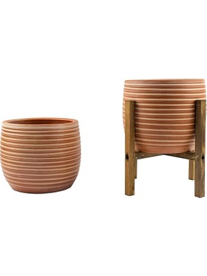 Leaf Shop Tasarımı Ev Dekorasyon Yan Çizgi Desenli Toprak Saksı Saksılık Salon Çiçeklik Ikili Set Ayaksız - 4 Ayaklı- 19 cm