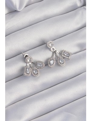 Shopwe Pirinç Gümüş Renk Zirkon Taşlı Geometrik Model Küpe