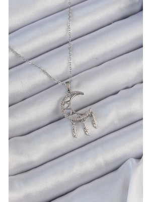 Shopwe 316L Çelik Zincir Gümüş Renk Işlemeli Zirkon Taşlı Ay Kolye