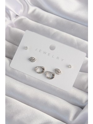 Shopwe Pirinç Gümüş Renk Zirkon Taşlı Yaprak Model Küpe Seti