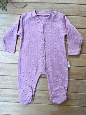 Nayinom Minik Çiçek Desenli Gül Kurusu %100 Pamuk Ribana Dokulu Çıtçıtlı Uzun Kollu Fitilli Bebek Tulum