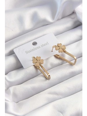 Shopwe 316L Çelik Altın Renk Geometrik Yonca Model Küpe