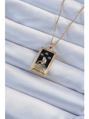 Shopwe 316L Çelik Zincir Altın Renk Zirkon Taşlı Siyah Mineli Kız Figürlü Tarot Kolye
